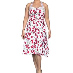 White Halter Sundress with Red Cherry Print - Small